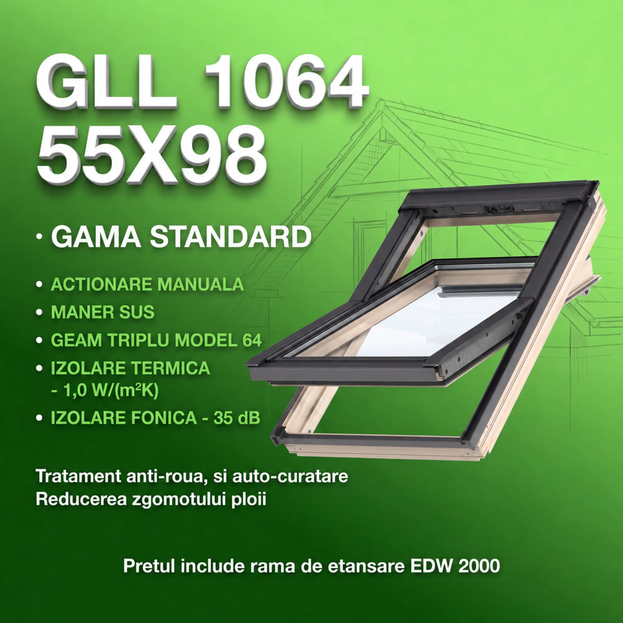 Geamuri VELUX 55X98 - Fereastra VELUX GLL 55X98 1064 + Rama EDW 2000 - Rav Construct Company