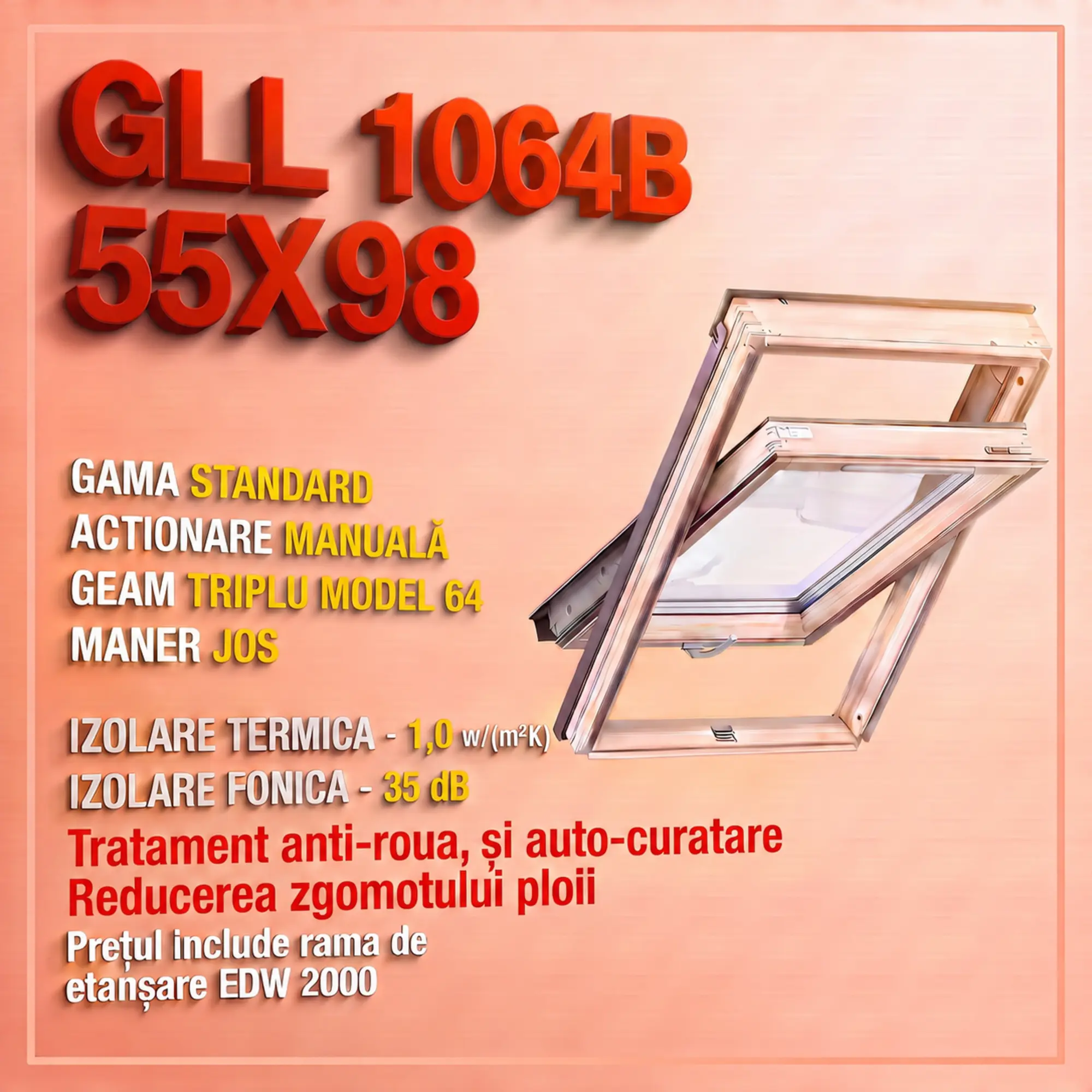 Geamuri VELUX 55X98 - Fereastra VELUX GLL 55X98 1064B + Rama EDW 2000 - Rav Construct Company
