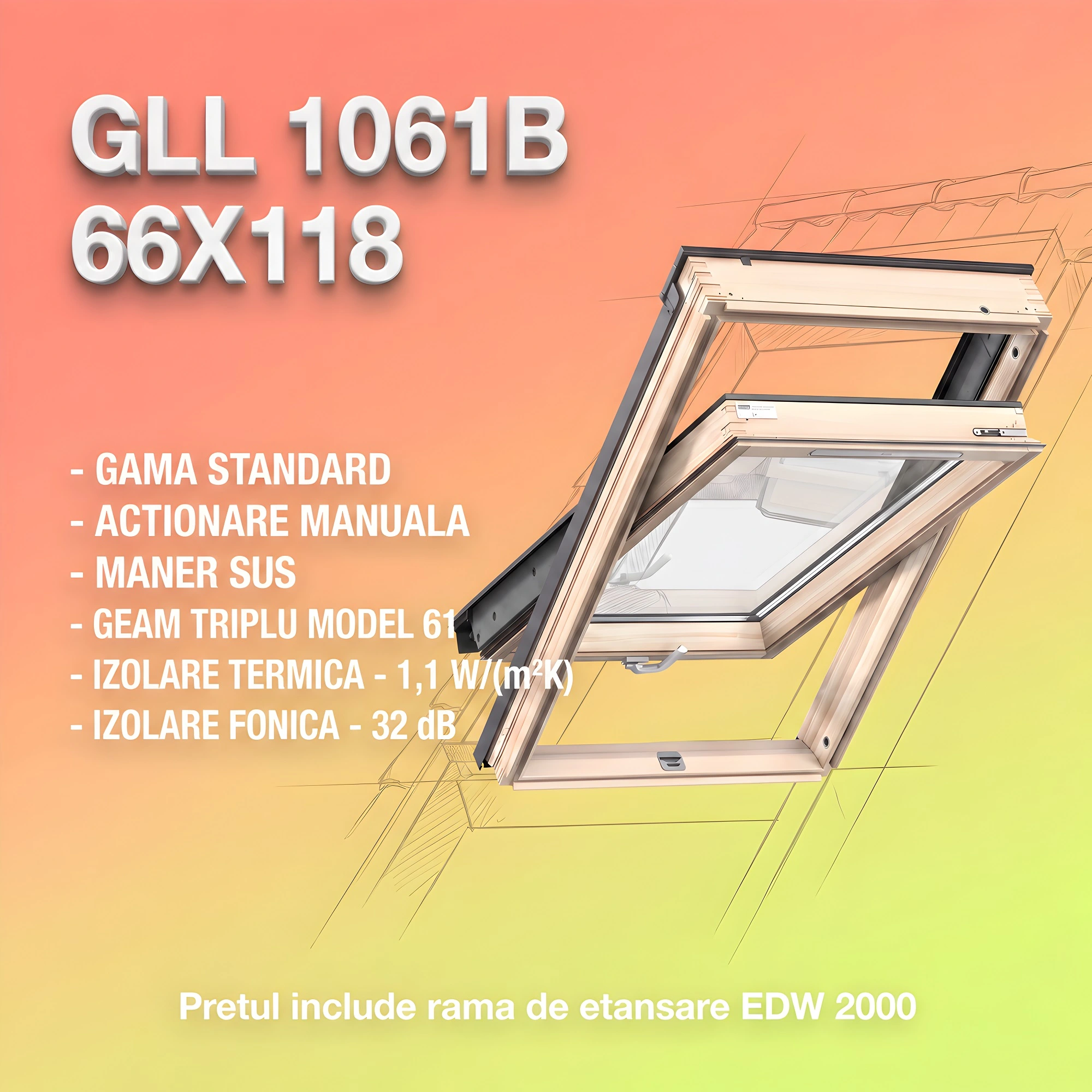 Geamuri VELUX cu rama Energy - Fereastra VELUX GLL 66X118 1061B + Rama EDW 2000 - Rav Construct Company
