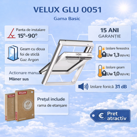 Ferestre VELUX Gama Basic - Fereastra VELUX pentru baie cu doua foi de sticla - GLU 1051