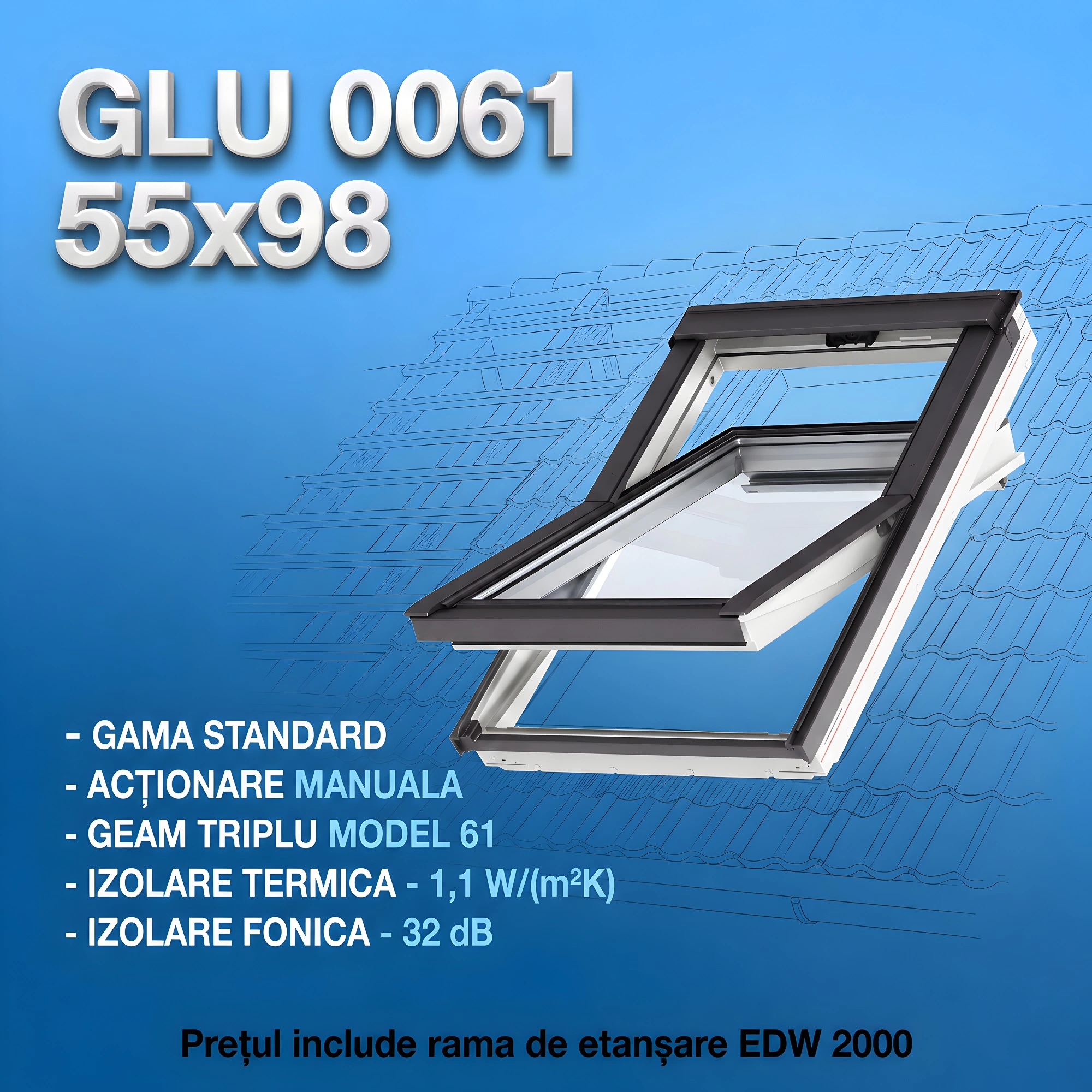 Geamuri VELUX 55X98 - Fereastra VELUX GLU 55X98 0061 + Rama EDW 2000 - Rav Construct Company