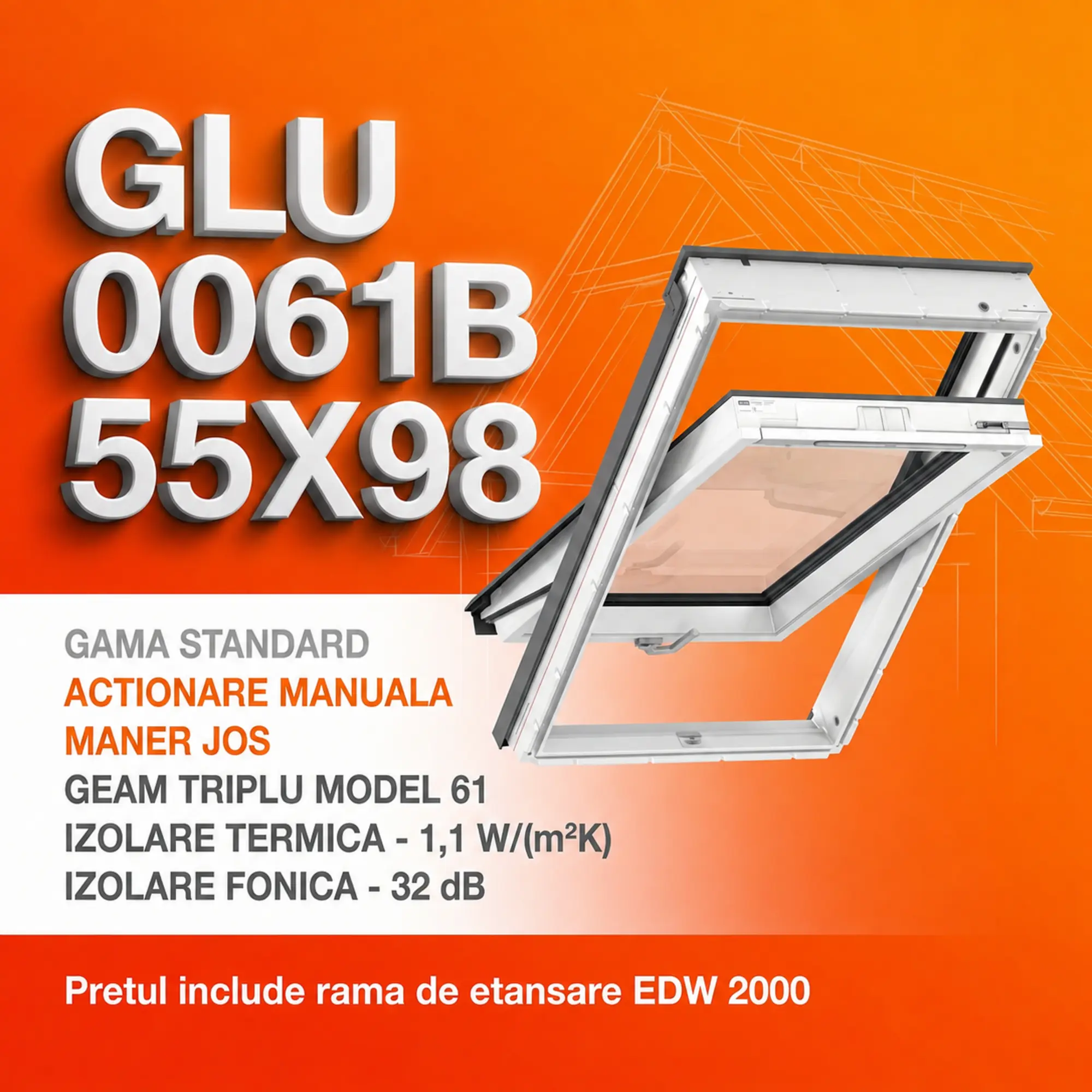 Geamuri VELUX 55X98 - Fereastra VELUX GLU 55X98 0061B + Rama EDW 2000 - Rav Construct Company