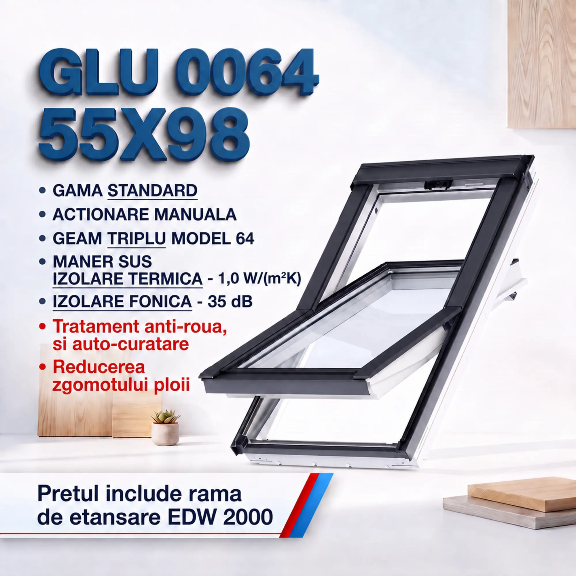 Geamuri VELUX 55X98 - Fereastra VELUX GLU 55X98 0064 + Rama EDW 2000 - Rav Construct Company