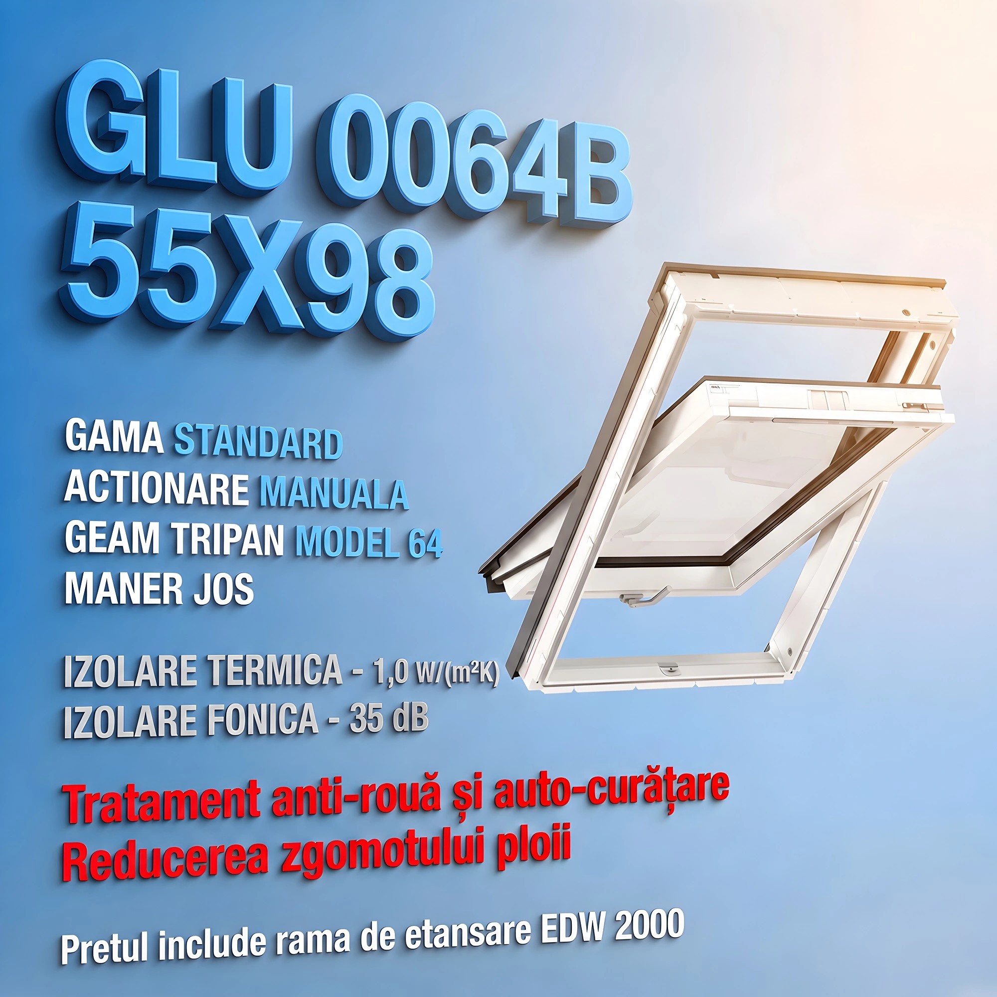 Geamuri VELUX 55X98 - Fereastra VELUX GLU 55X98 0064B + Rama EDW 2000 - Rav Construct Company