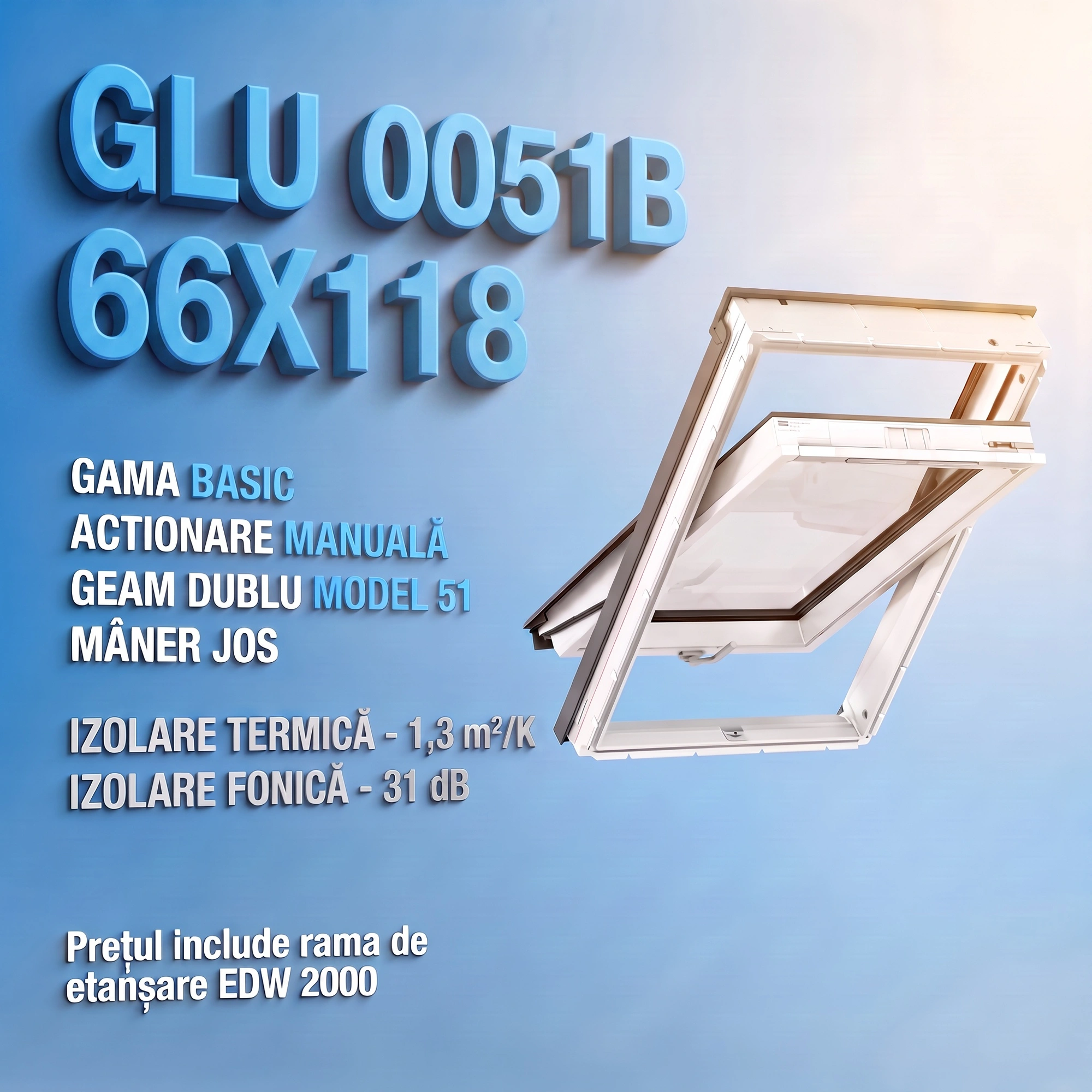 Geamuri VELUX cu rama Energy - Fereastra VELUX GLU 66X118 0051B + Rama EDW 2000 - Rav Construct Company