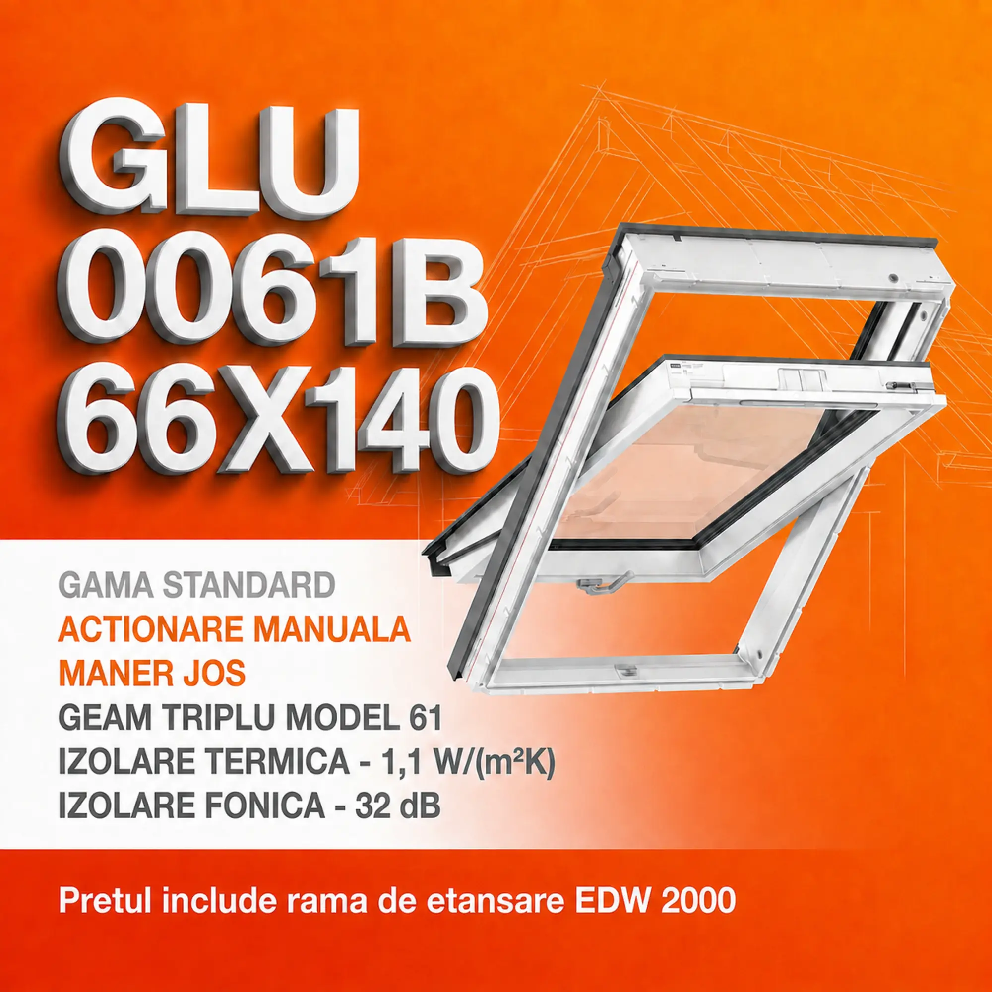 Geamuri VELUX cu rama Energy - Fereastra VELUX GLU 66X140 0061B + Rama EDW 2000 - Rav Construct Company