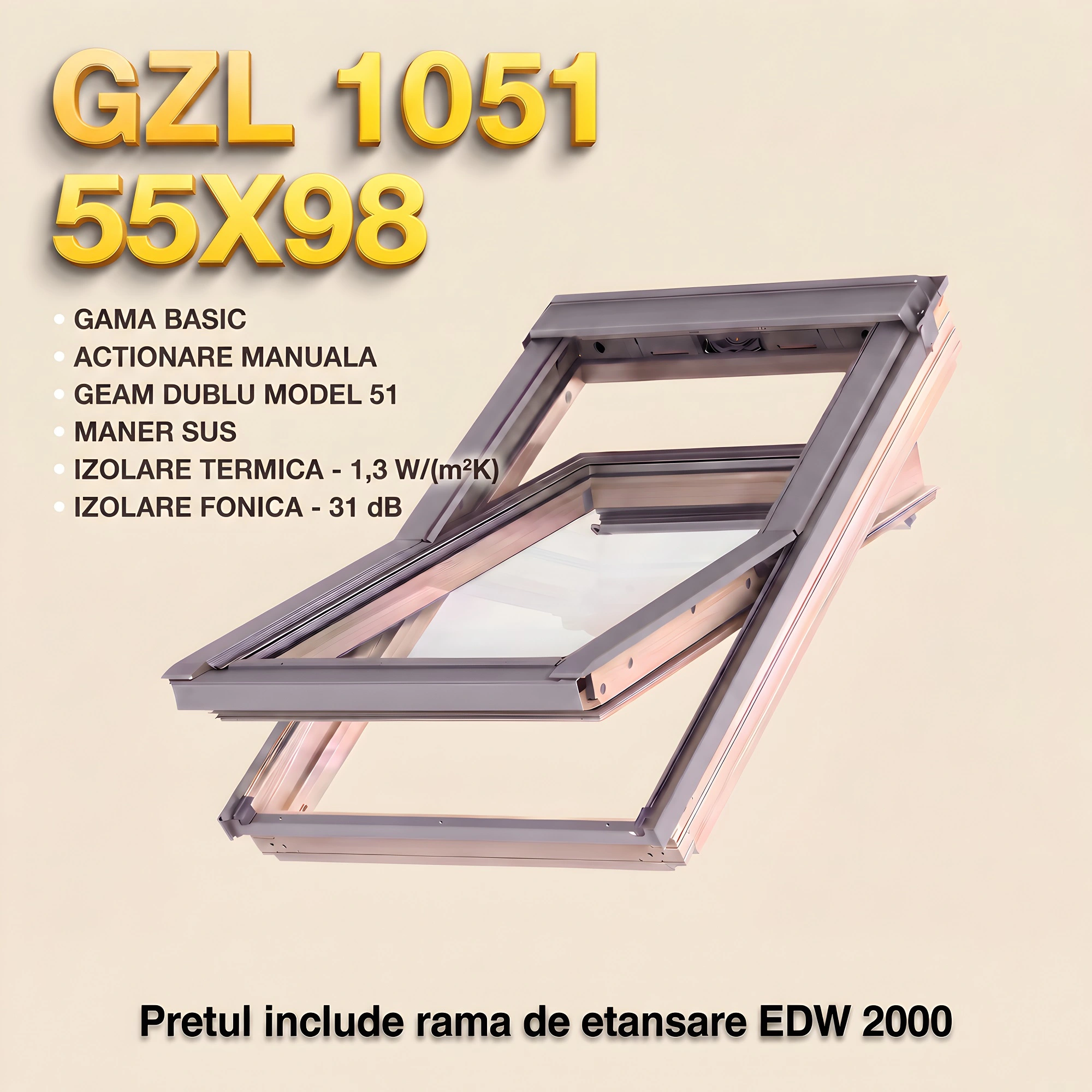 Geamuri VELUX cu rama Energy - Fereastra VELUX GZL 55X98 1051 + Rama EDW 2000