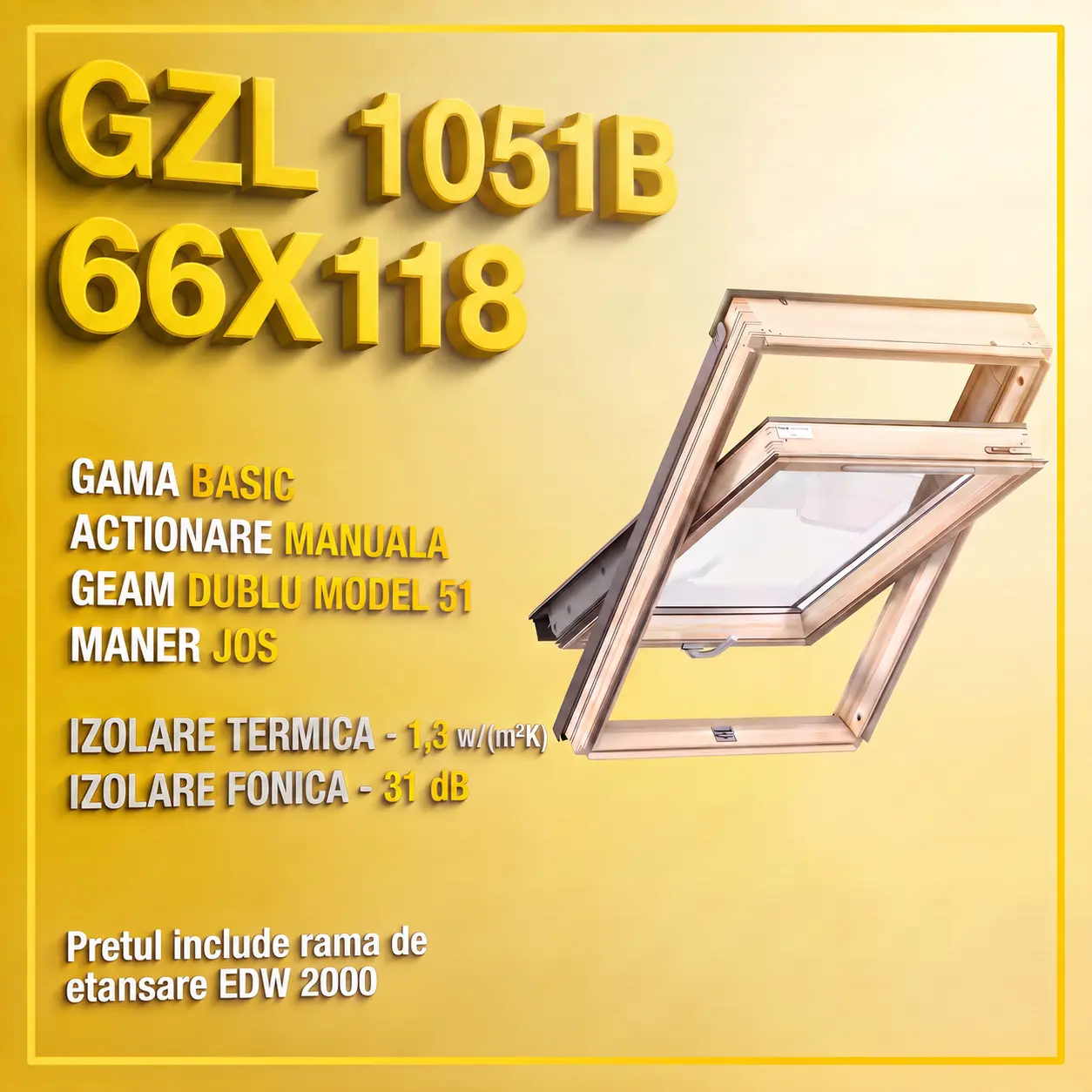 Geamuri VELUX cu rama Energy - Fereastra VELUX GZL 66X118 1051B + Rama EDW 2000