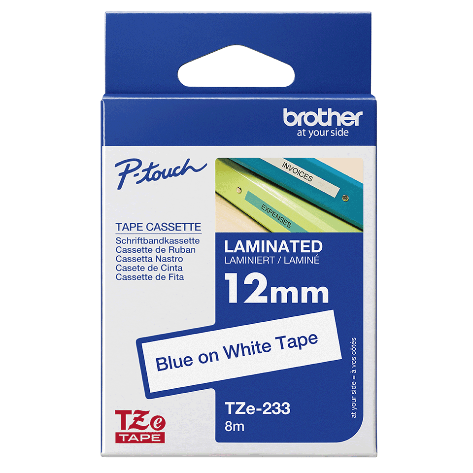 Brother TZe-233 Bandă Etichete Laminată 12mm, Albastru pe Alb- Etichetare Durabilă și Elegantă [2]