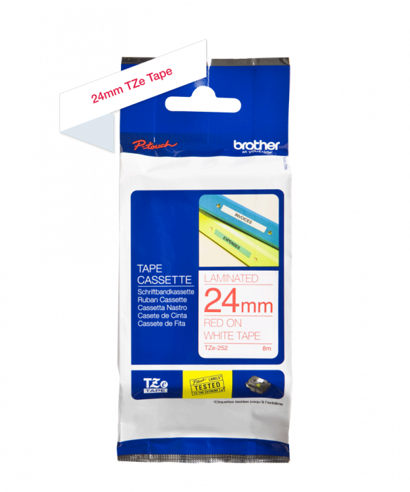 Brother TZe-252 Bandă Etichete Laminată 24mm, Roșu pe Alb - Etichetare Vizibilă și Durabilă [2]