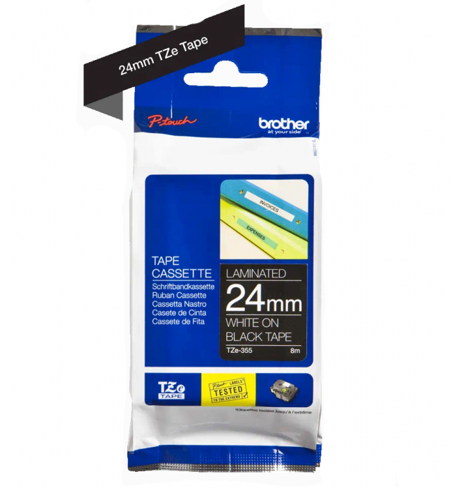 Brother TZe-355 Bandă Etichete Laminată 24mm, Alb pe Negru - Etichetare Clară și Elegantă [2]