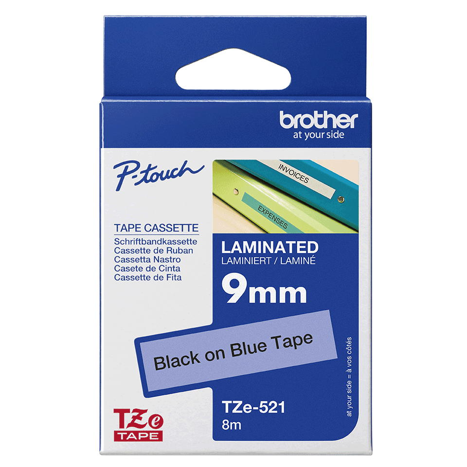 Brother TZe-521 Bandă Etichete Laminată 9mm, Negru pe Albastru - Etichetare Profesională [3]