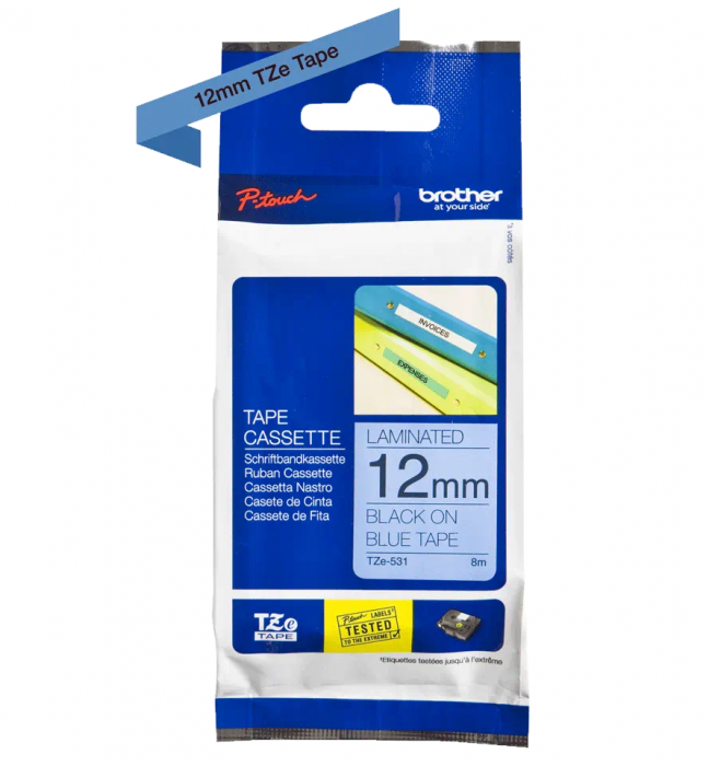 Brother TZe-531, Bandă Etichete Laminată, negru pe albastru, 12mm [2]