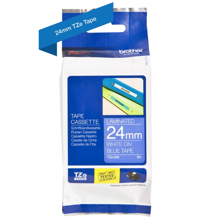 Brother TZe-555 Bandă Etichete Laminată 24mm, Alb pe Albastru - Etichetare Clară și Durabilă [4]
