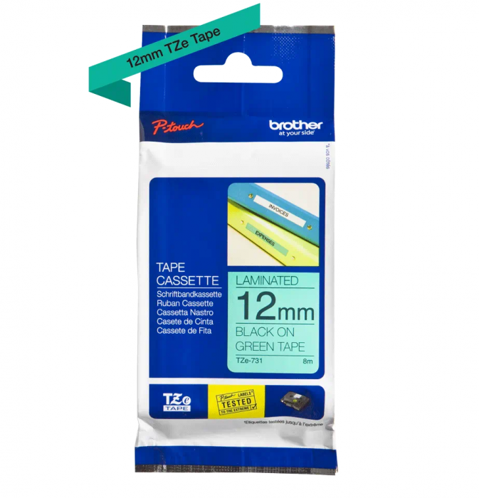 Brother TZe-731, Bandă Etichete Laminată, negru pe verde, 12mm [2]