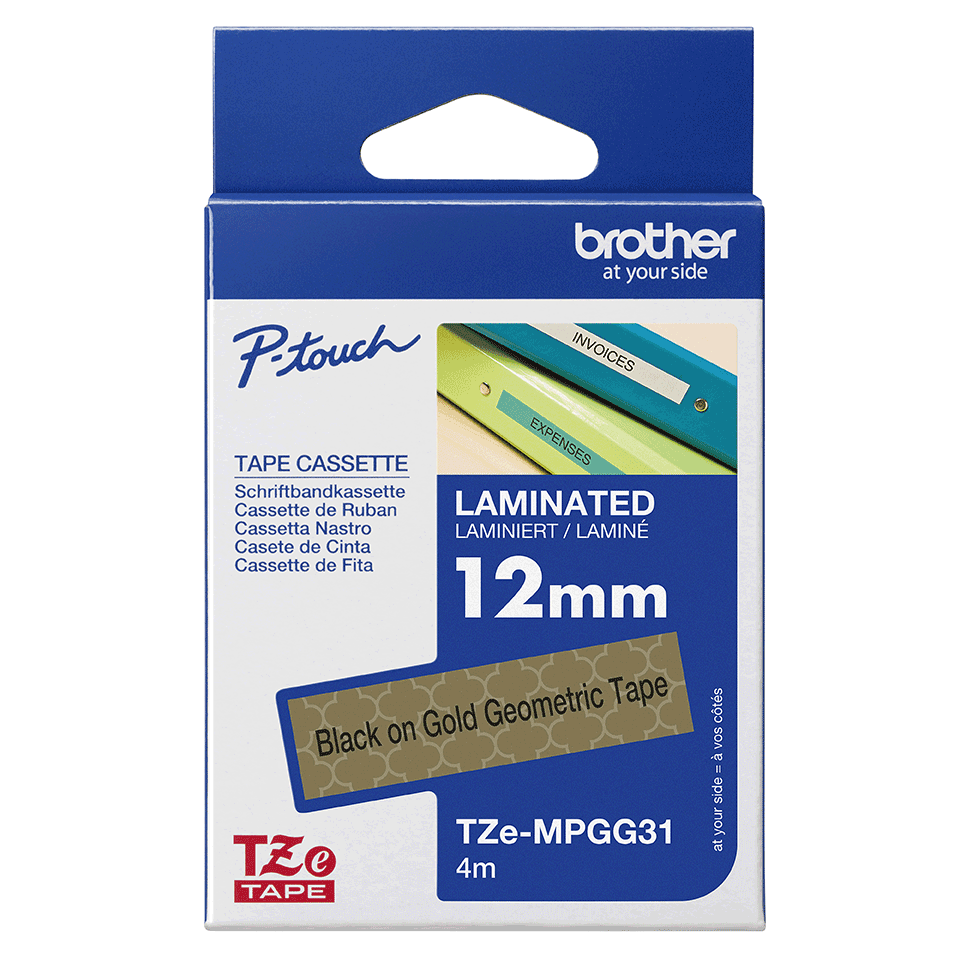Brother TZe-MPGG31 Bandă Etichete Laminată cu Model 12mm, Negru pe Auriu Geometric - Etichetare Elegantă și Creativă [3]