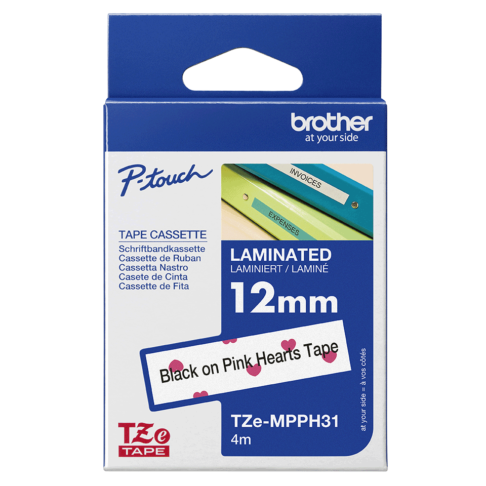 Brother TZe-MPPH31 Bandă Etichete Laminată 12mm, Negru pe Inimi Roz - Etichetare Creativă și Romantică [3]