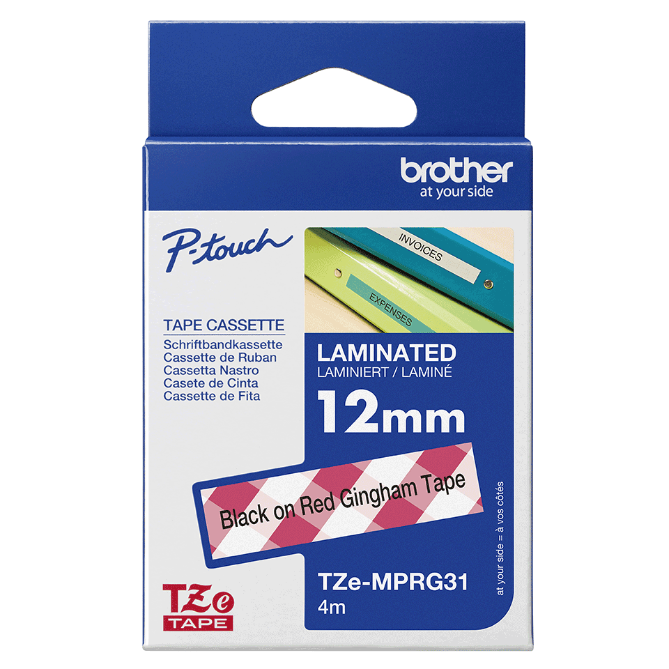 Brother TZe-MPRG31 Bandă Etichete Laminată cu Model 12mm, Negru pe Roșu Cadrilat - Etichetare Creativă și Distinctă [3]