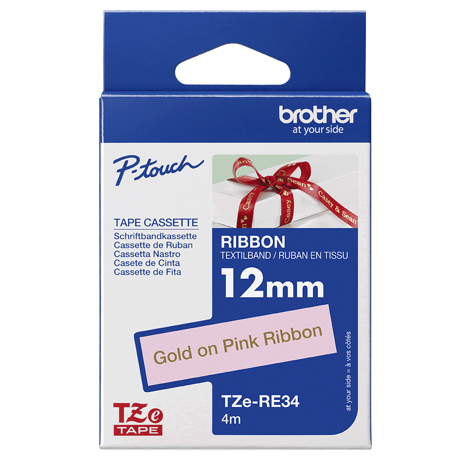 Brother TZe-RE34 Bandă Etichete Laminată Tip Panglică 12mm, Auriu pe Roz - Etichetare Elegantă și Festivă [3]