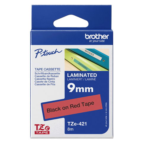 Brother TZe-421 Bandă Etichete Laminată 9mm, Negru pe Roșu - Etichete Durabile [2]