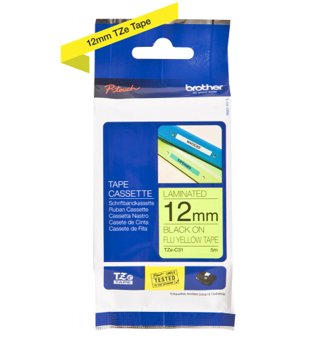Brother TZe-C31 Bandă Etichete Laminată 12mm, Negru pe Galben Fluorescent - Etichetare de Înaltă Vizibilitate [2]