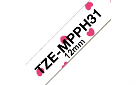 Benzi Brother P-Touch - Brother TZe-MPPH31 Bandă Etichete Laminată 12mm, Negru pe Inimi Roz - Etichetare Creativă și Romantică