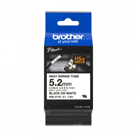 Casetă cu bandă pentru tuburi termocontractibile Brother HSE-211E originală - negru pe alb, lățime de 5,2 mm [1]