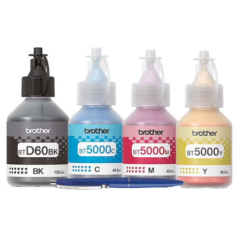 Consumabile - Set Flacon cerneala Brother Original BTD60BK Negru BT5000C Cyan BT5000M Magenta BT5000Y Galben 21500 pagini si pix Schneider