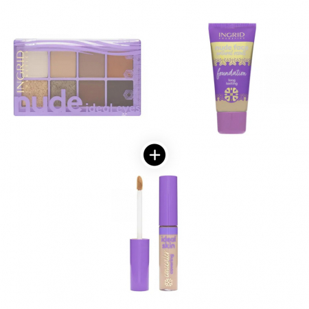Pachete - Pachet "Paleta de farduri pleoape Nude Ideal Eyes + Fond de ten Nude Face Long Lasting + Corector Ideal Skin" Ingrid Cosmetics