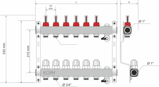 Ansamblu distribuitor pentru incalzire in pardoseala, 6 cai, KOPH, inox 1" [2]