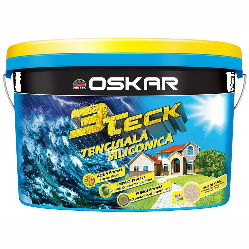Tencuiala decorativa - Tencuiala decorativa siliconica Oskar 3Teck, aspect bob de orez, granulatie 1.5 mm, interior/exterior, alb, 25 kg