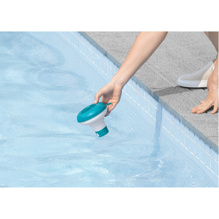 Dozator plutitor pentru substante chimice piscina Bestway, diametru 12.5 cm, deschidere reglabila, pentru tablete cu diametru de pana la 2.5 cm, albastru/alb [2]