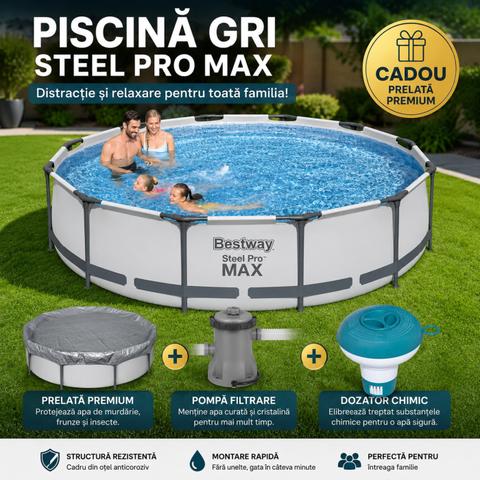 Piscina Bestway Steel Pro Max, inox, 305x76cm,popma de filtrare inclusa+CADOu Prelata premium si dozator de substante chimice. [2]