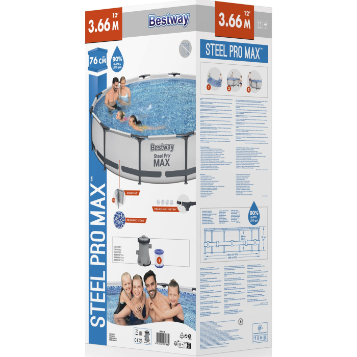 Piscina rotunda cu pompa cu filtru inclusa Steel Pro Max Bestway, diametru 366 cm, inaltime 76 cm, volum 6473 litri, debit pompa 1249 l/h, gri deschis [2]