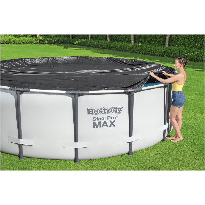 Prelata de protectie pentru piscina Bestway, diametru 305 cm, material PVC, include snur de prindere si orificii de drenaj ce previn acumularea de apa, compatibila cu piscine Steel Pro, piscine Steel  [4]