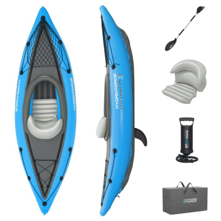 Barca Bestway - Caiac 1 persoana Bestway Cove champion, greutate maxim suportata 100kg, 275 x 81 x 45 cm, 1 padela de aluminiu de 230cm, pompa manuala inclusa