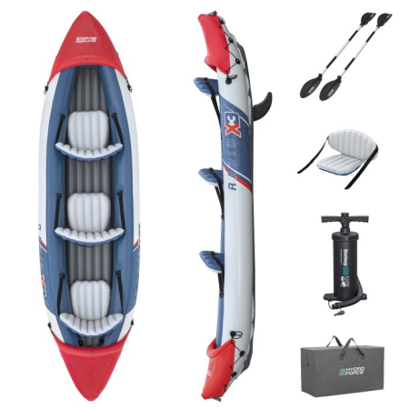 Barca Bestway - Caiac 3 persoane Bestway Rapid X3 K, greutate maxim suportata 280kg, 381 x 100 x 44 cm, 1 pereche de vasle de aluminiu de 230cm, pompa manuala inclusa