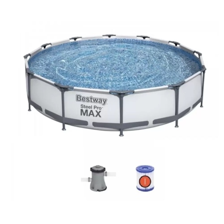 Piscine - Piscina rotunda cu pompa cu filtru inclusa Steel Pro Max Bestway, diametru 366 cm, inaltime 76 cm, volum 6473 litri, debit pompa 1249 l/h, gri deschis