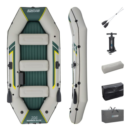 Barca Bestway - Set barca gonflabila Bestway Ranger Elite X4, greutate maxim suportata 500kg, 320cm x 148cm x 47cm , 1 pereche de vasle 152cm, pompa manuala inclusa