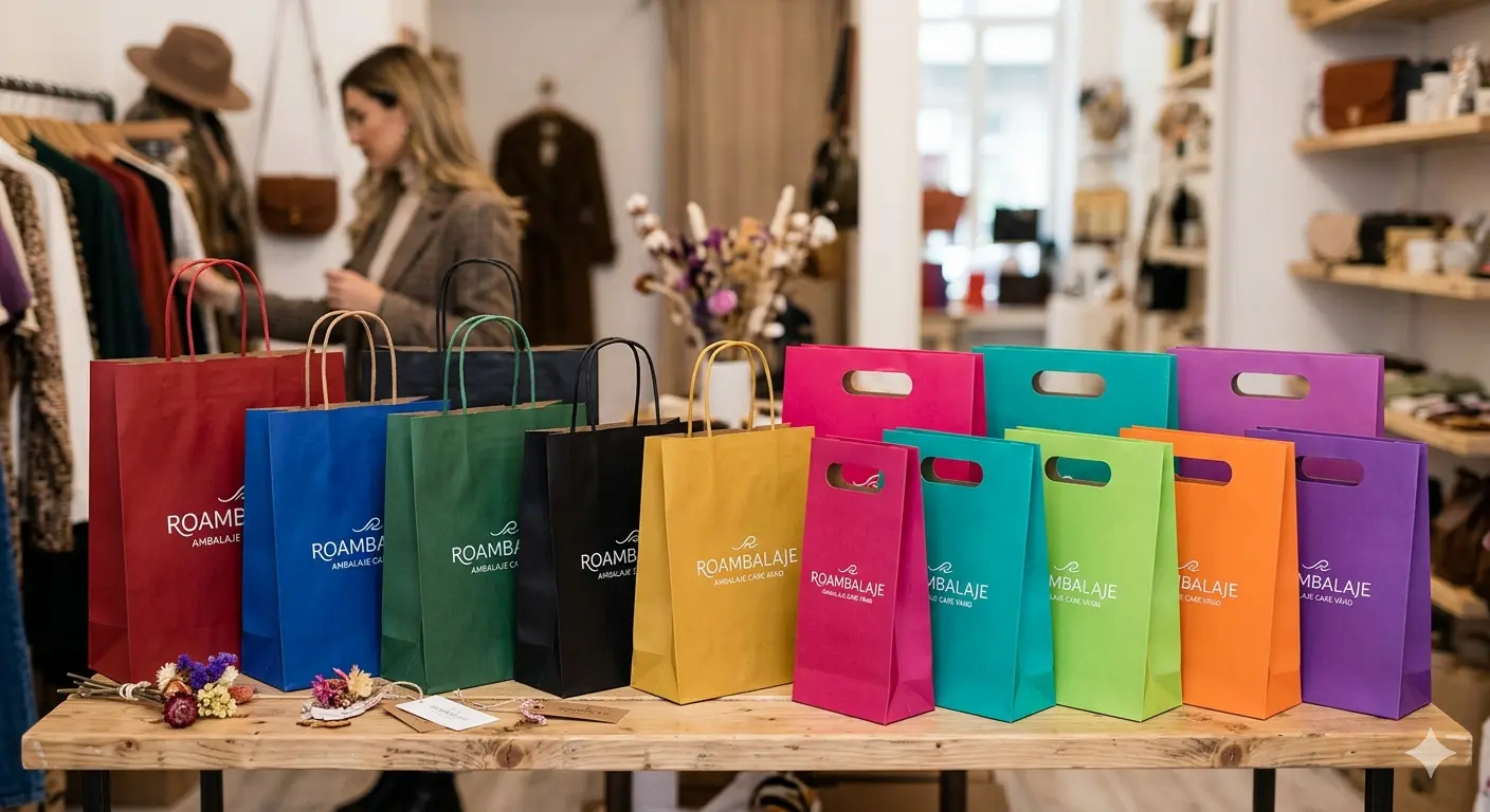 Sacoșe din hârtie colorate: Eleganța mânerului tip sfoară vs. simplitatea mânerului decupat