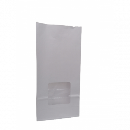 Ambalaje pentru panificatie,patiserii,fast-food si horeca - Punga hartie alba , Stand up, cu fereastra, baza patrata, laminata complet la interior 12x6x25 cm, 100 buc/set
