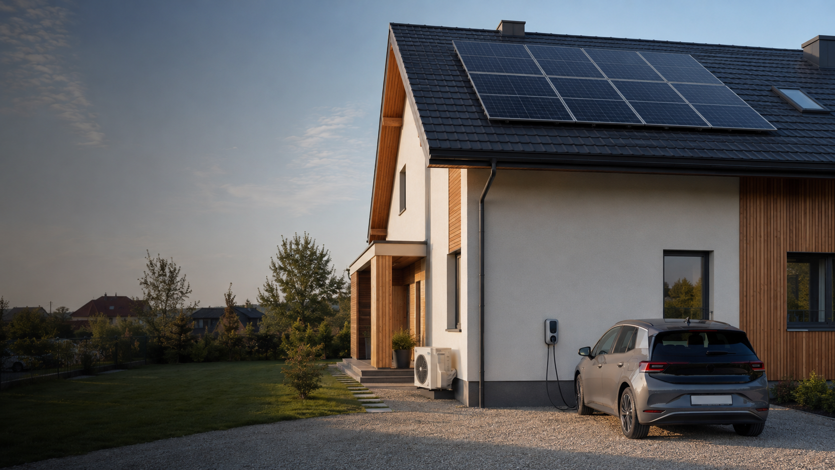 Casă modernă cu panouri fotovoltaice, aer condiționat și stație de încărcare auto