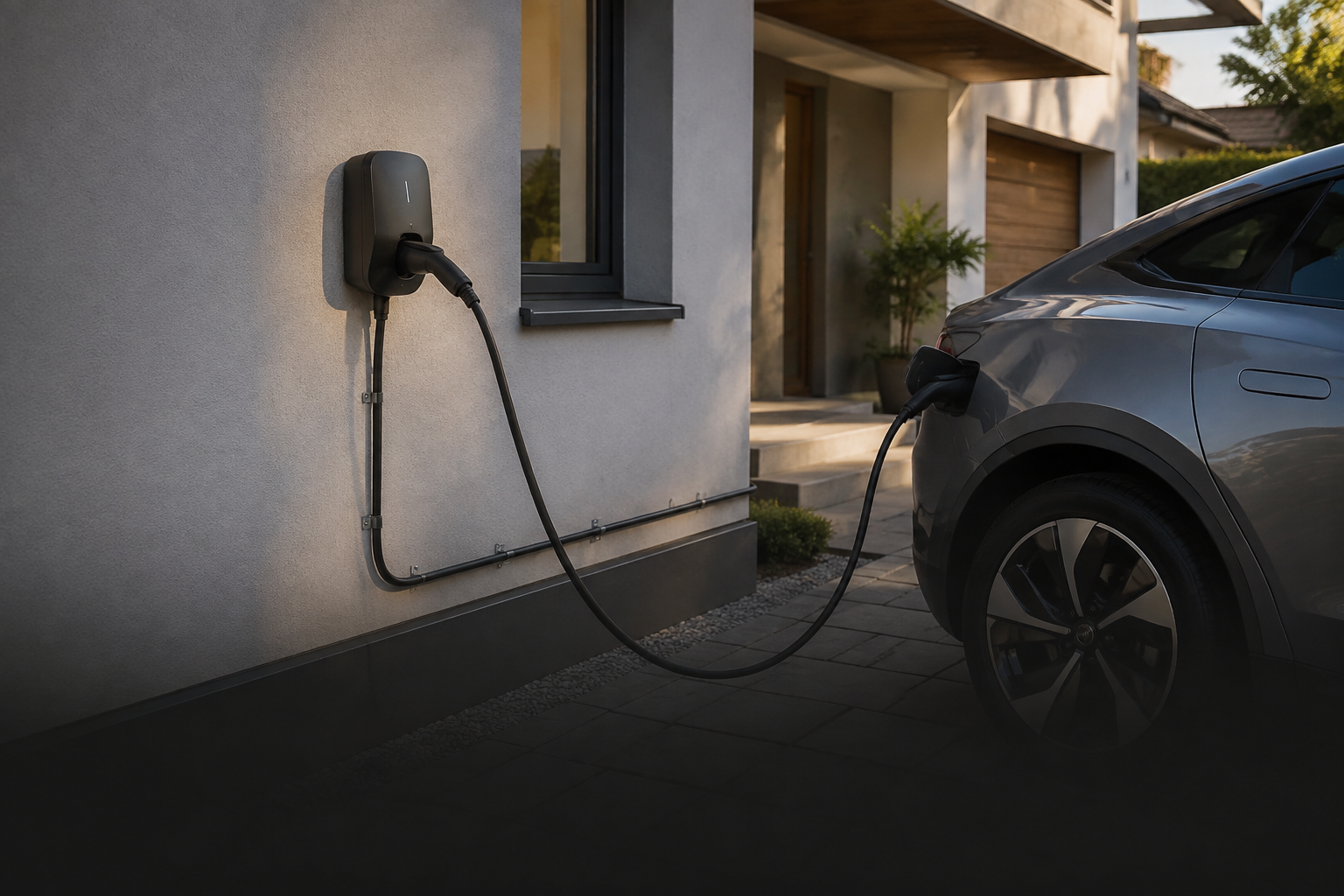 Stație de încărcare montată lângă o mașină electrică