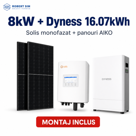 Sisteme Fotovoltaice - Sistem fotovoltaic monofazat cu invertor Solis 8kW + baterie Dyness exterior 16.07kWh + panouri AIKO