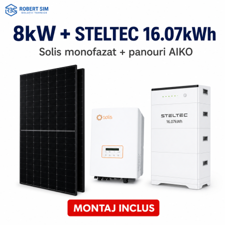 Sisteme Fotovoltaice - Sistem fotovoltaic monofazat cu invertor Solis 8kW + baterie STELTEC exterior 16.07kWh + panouri AIKO
