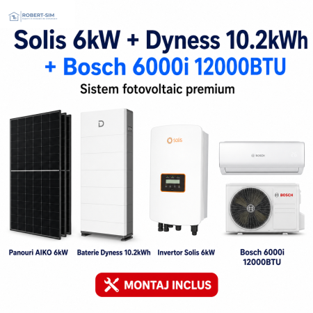Sisteme Fotovoltaice - Sistem fotovoltaic monofazat cu invertor Solis 6kW + baterie Dyness 10.2kWh + panouri AIKO + aer conditionat Bosch 6000i 12000BTU