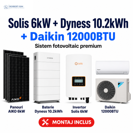 Sisteme Fotovoltaice - Sistem fotovoltaic monofazat cu invertor Solis 6kW + baterie Dyness 10.2kWh + panouri AIKO + aer conditionat Daikin 12000BTU