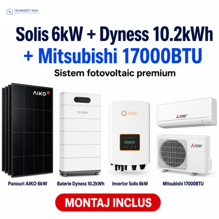 Sisteme Fotovoltaice - Sistem fotovoltaic monofazat cu invertor Solis 6kW + baterie Dyness 10.2kWh + panouri AIKO + aer conditionat Mitsubishi 17000BTU