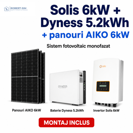 Sisteme Fotovoltaice - Sistem fotovoltaic monofazat cu invertor Solis 6kW + baterie Dyness 5.2kWh + panouri AIKO