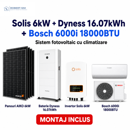 Sisteme Fotovoltaice - Sistem fotovoltaic monofazat cu invertor Solis 6kW + baterie Dyness exterior 16.07kWh + panouri AIKO + aer conditionat Bosch 6000i 18000BTU